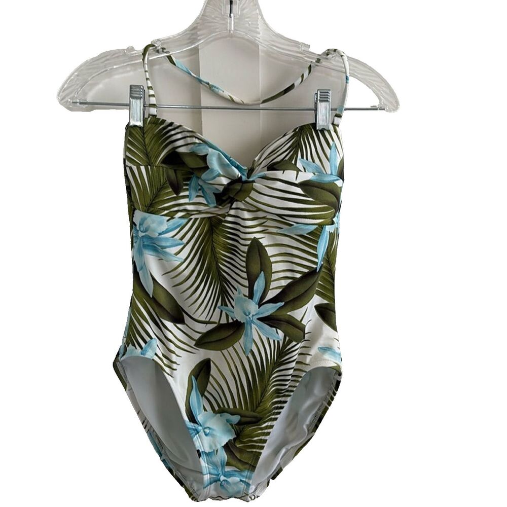 EUC Tommy Bahama One Piece halter Tropical Fern Orchid Swimsuit Sz 10